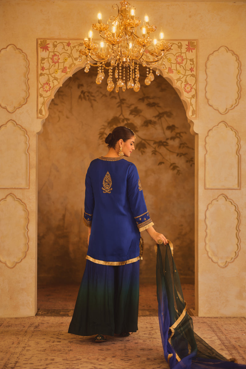 HOOR-E-MAHAL BLUE & GREEN OMBRE KURTA SHARARA SET