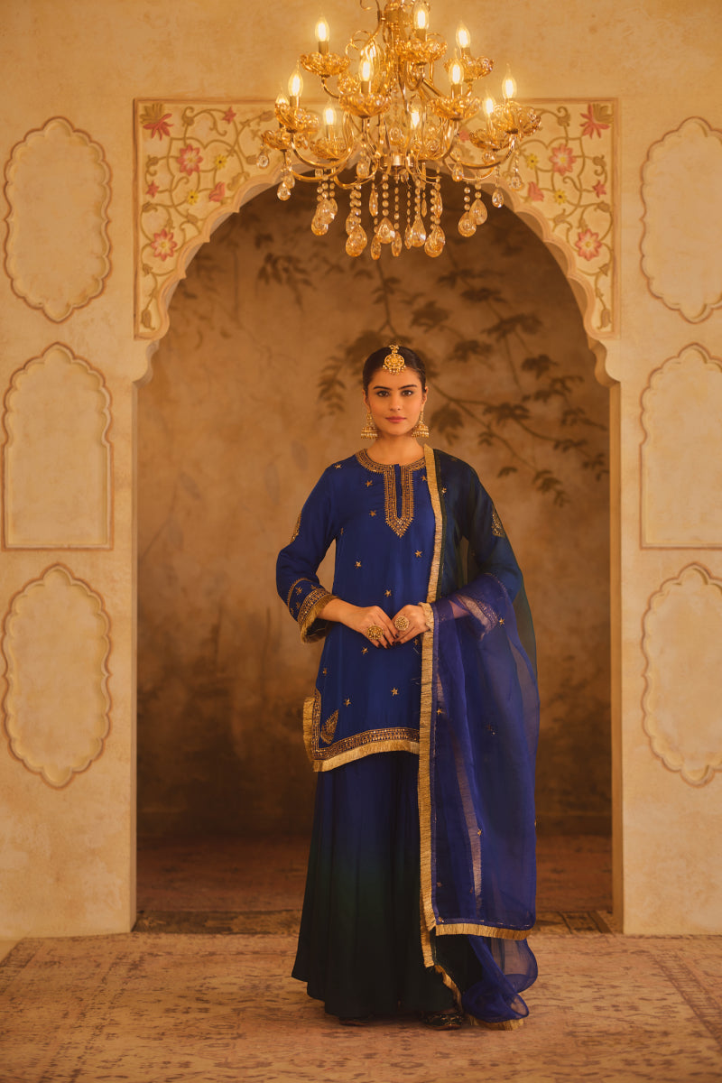 HOOR-E-MAHAL BLUE & GREEN OMBRE KURTA SHARARA SET