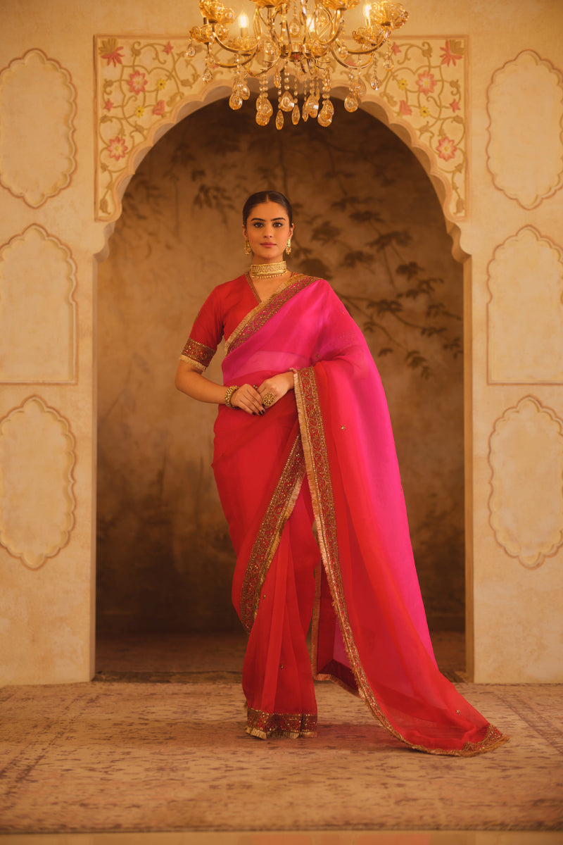 HOOE-E-MAHAL RED & PINK OMBRE ORGANZA SAREE