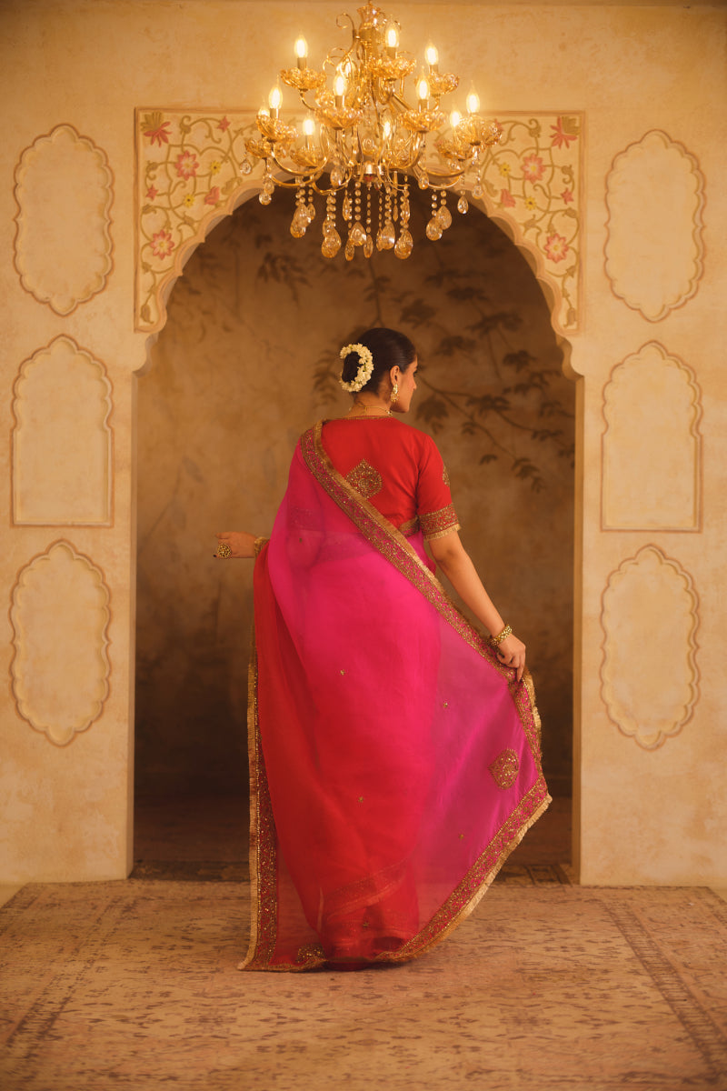 HOOE-E-MAHAL RED & PINK OMBRE ORGANZA SAREE