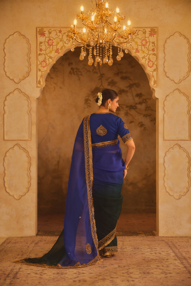 HOOR-E-MAHAL BLUE & GREEN OMBRE ORGANZA SAREE