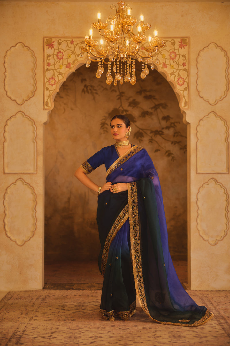 HOOR-E-MAHAL BLUE & GREEN OMBRE ORGANZA SAREE