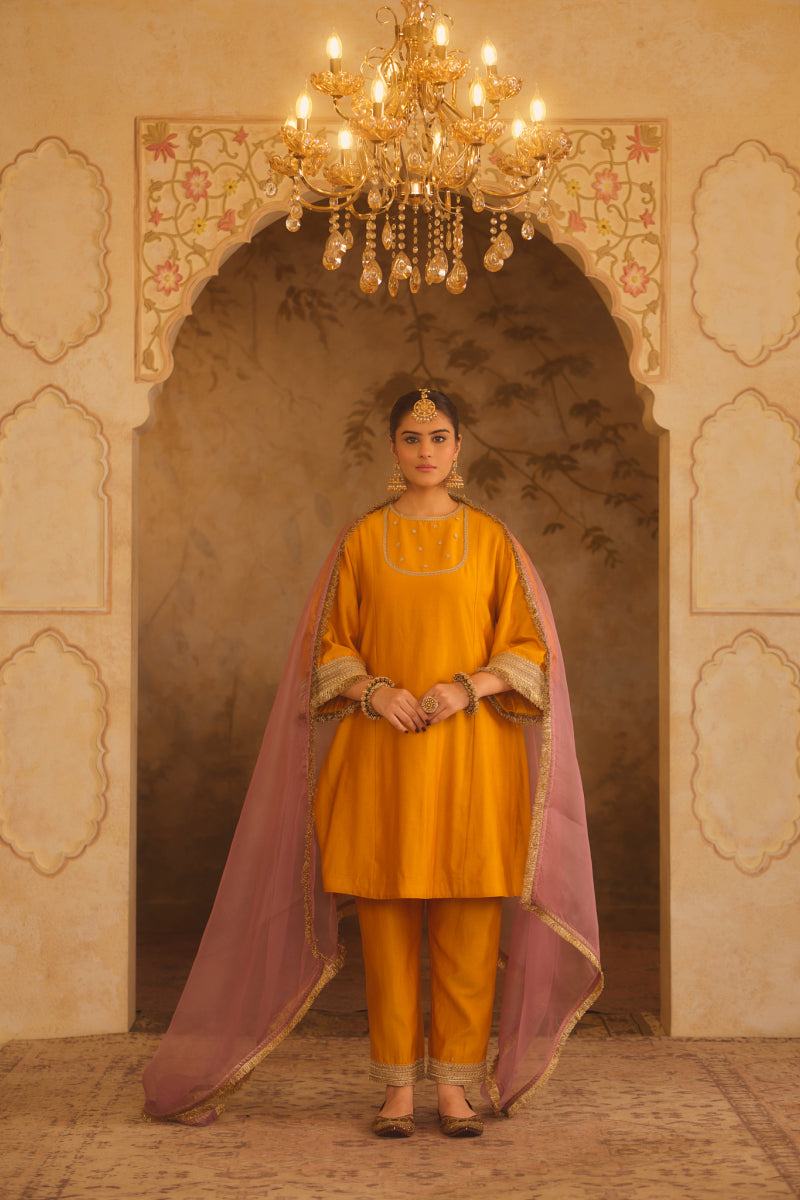 GULBANO MUSTARD ZERO-NECK A-LINE KURTA SET