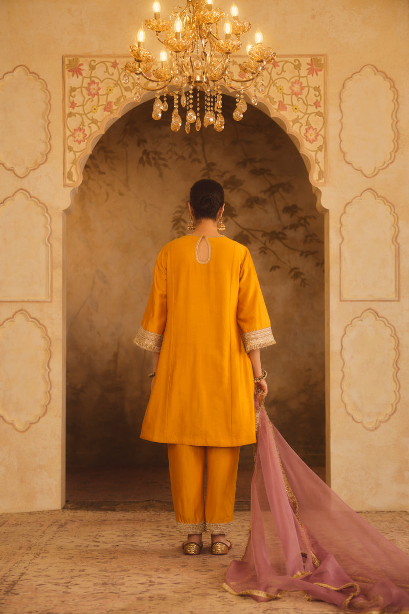 GULBANO MUSTARD ZERO-NECK A-LINE KURTA SET