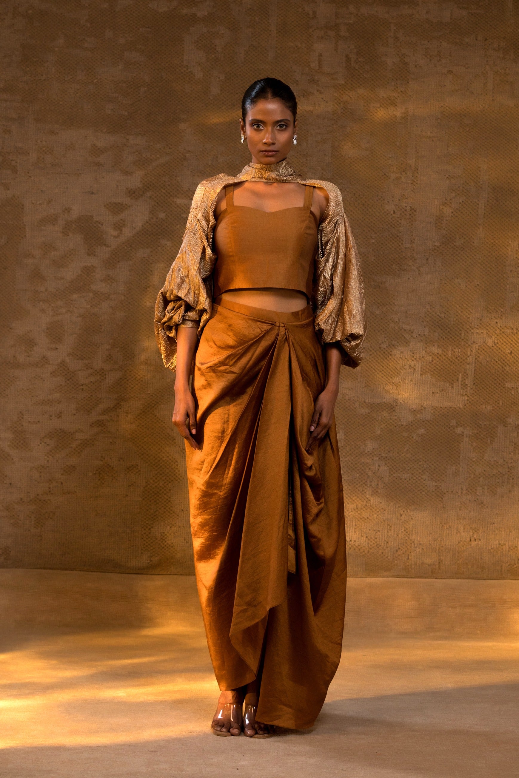 Agneya Silk Draped Skirt 3 Pcs Set - DarkAmber