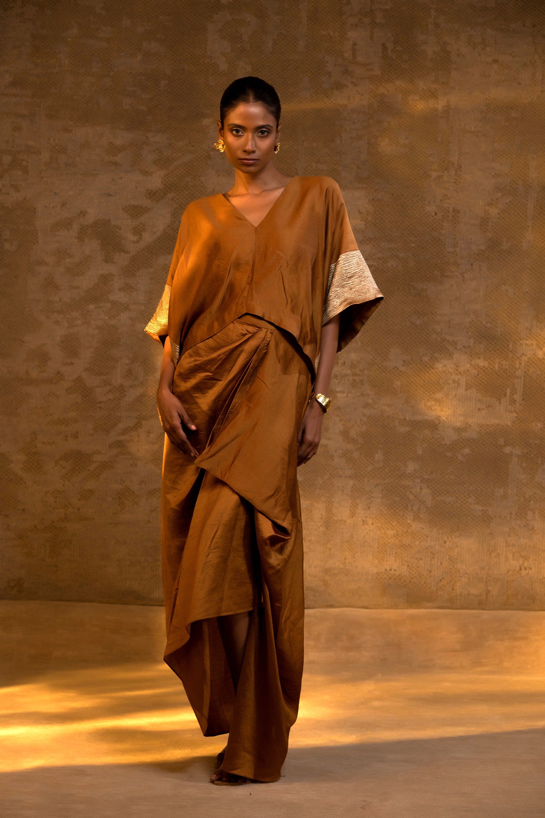 Agneya Silk Draped Skirt Set - DarkAmber