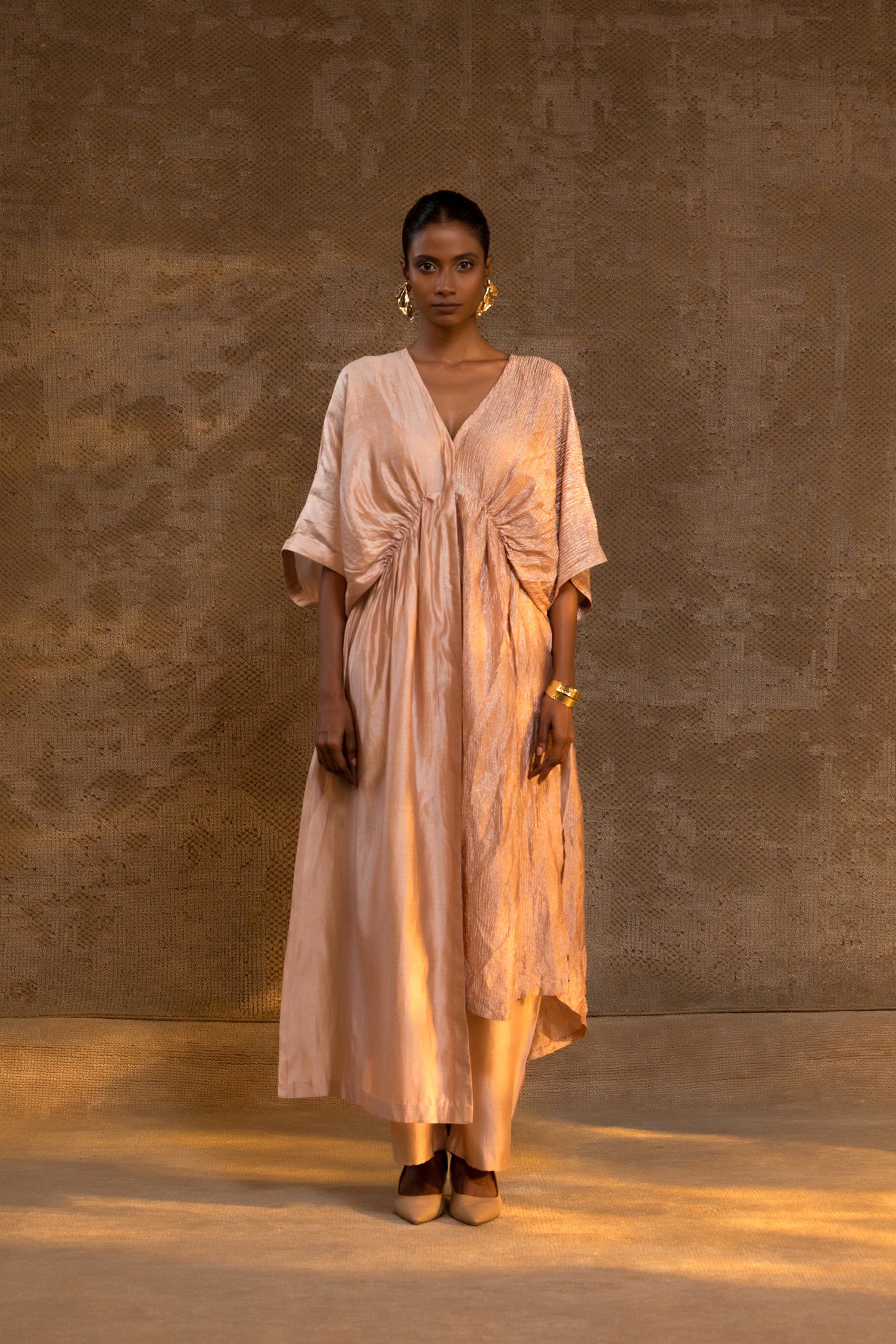 Agneya Silk & Crushed Tissue Kaftan Set - Blush