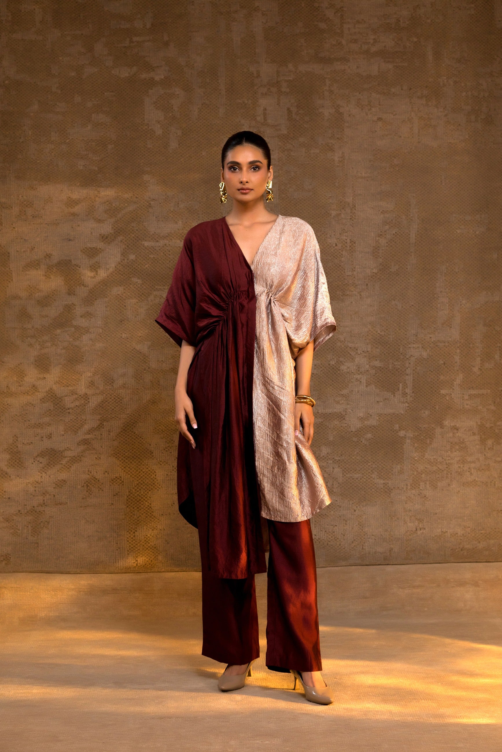 Agneya Silk & Crushed Tissue Kaftan Set - Brown