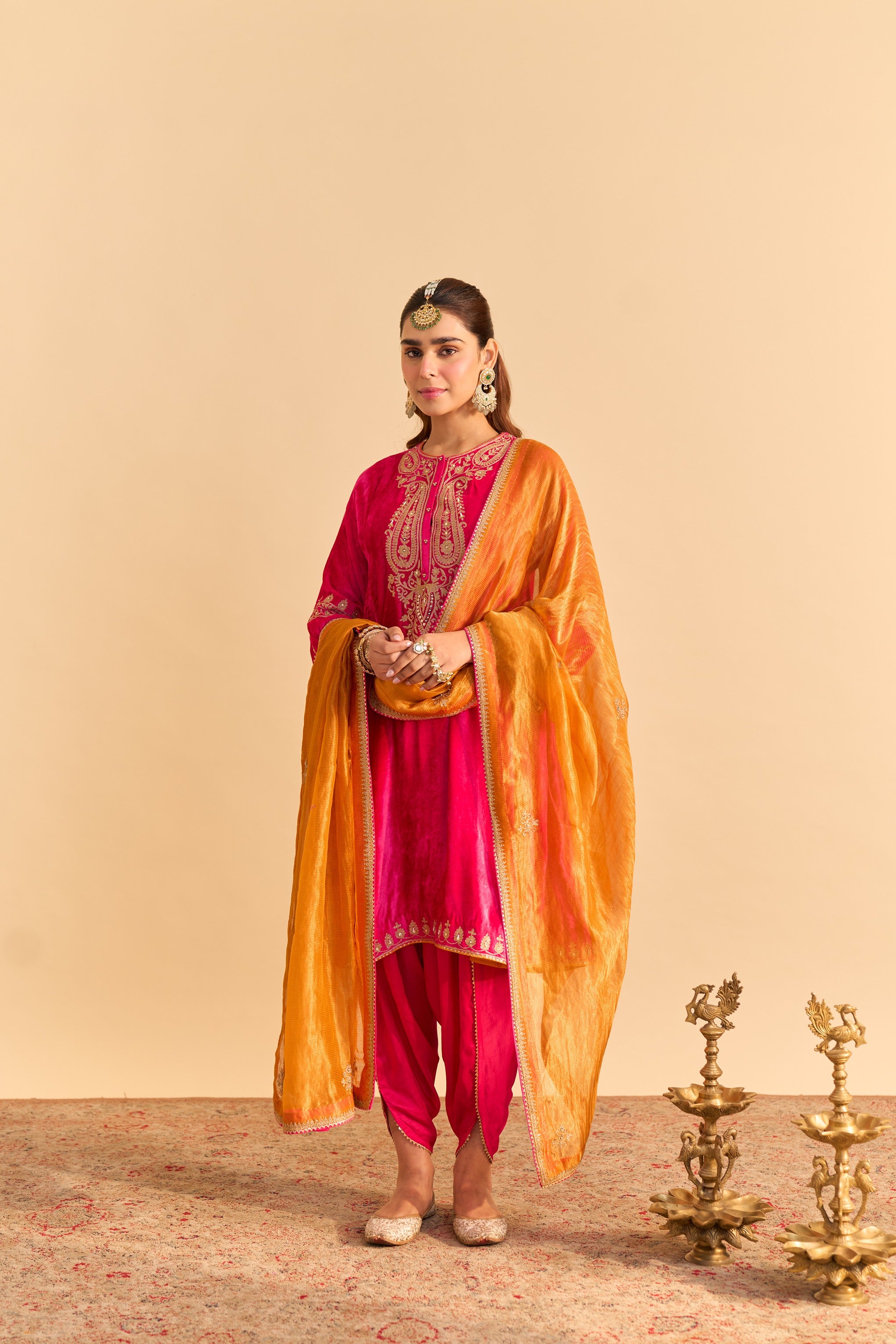 Amal - Hotpink A-line Kurta with Dhoti with Dupatta