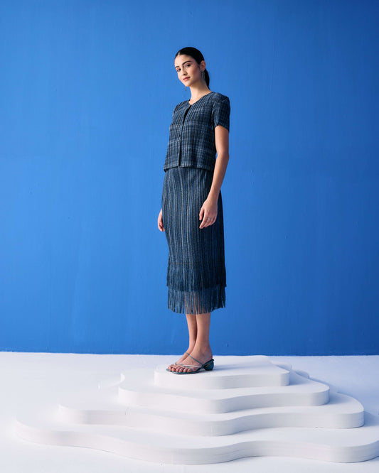 Medium Blue Denim Print Fringe Skirt Set