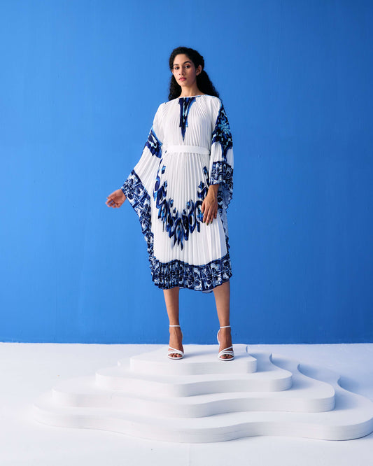 Blue Tropical Printed Pleated Cape