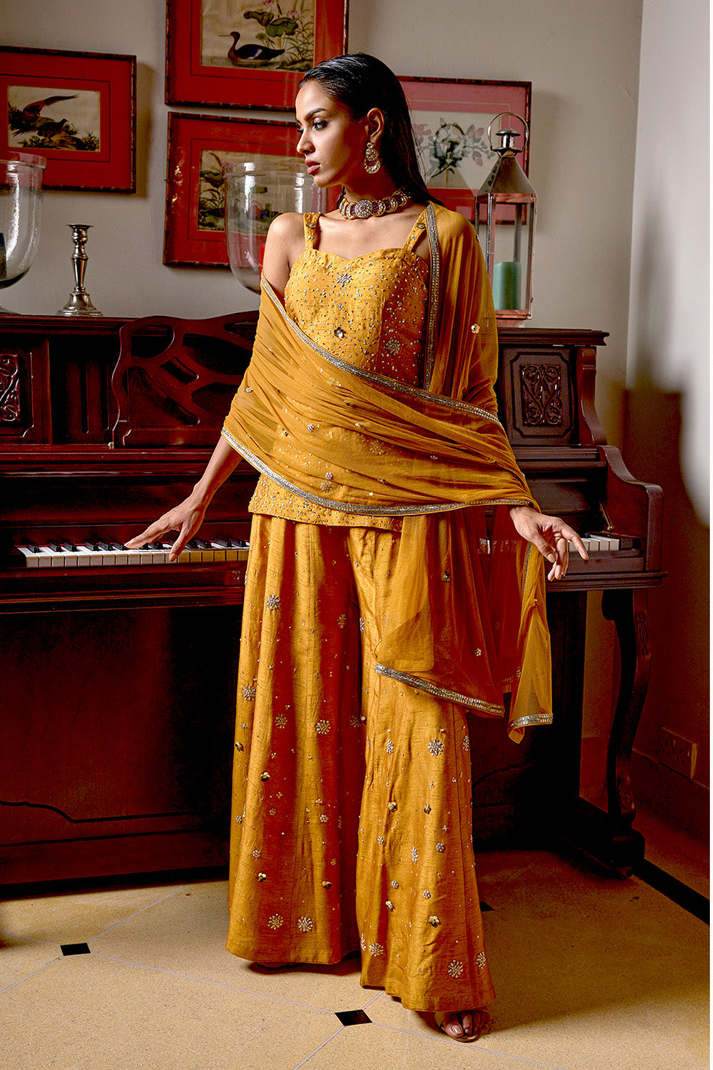 Golden Color Hand Embroidered Sassy Sharara Set