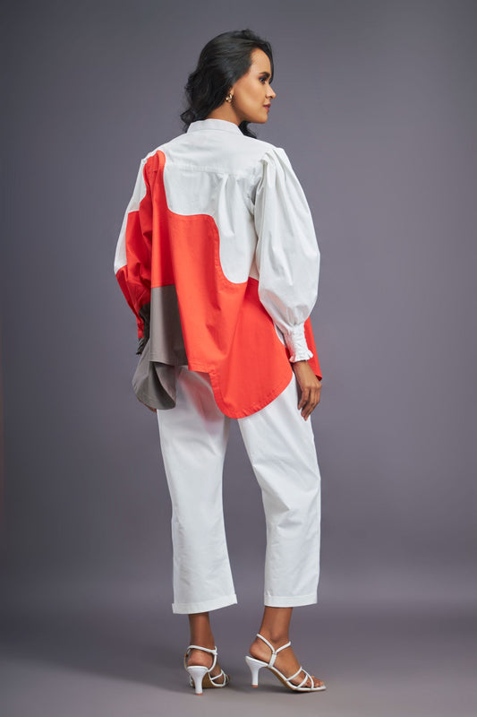 White Orange Shirt With Curve Cut Pattern