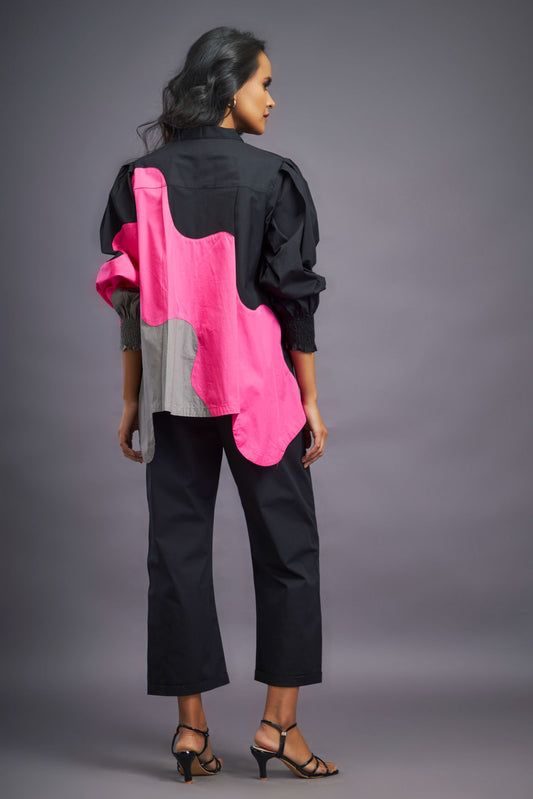 Black Pink Shirt With Curve Cut Pattern