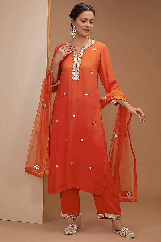 Gota Patti Embroidred kurta set in Tangy Red Color.