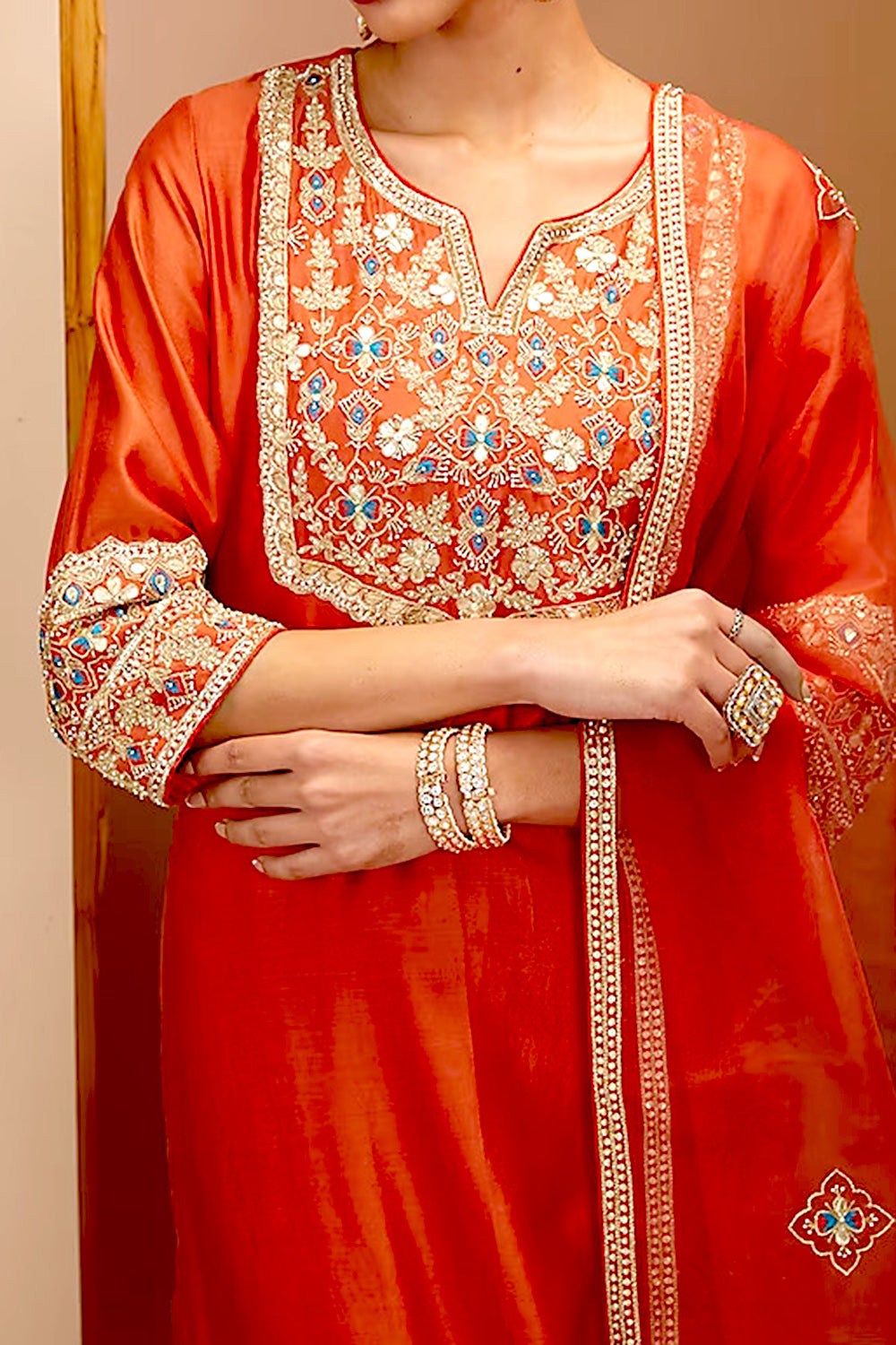 Red Color Hand Embroidered Silk Kurta Set