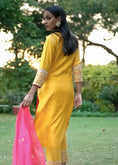 Load image into Gallery viewer, Yellow Pink Hand Embroidered Silk Kurta Set
