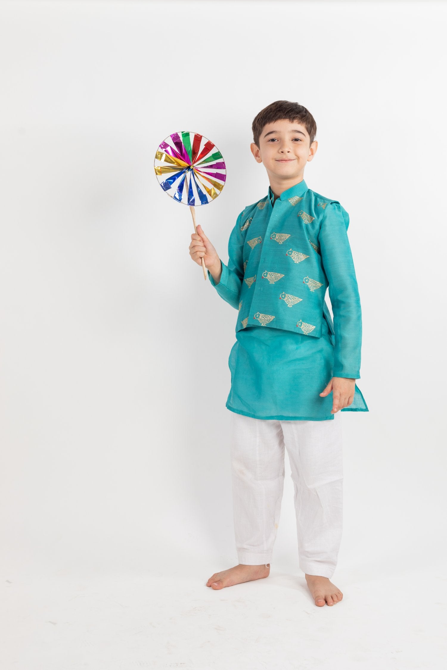 Teal Blue Embroidered Kurta -Jaclet Set -3 Pc