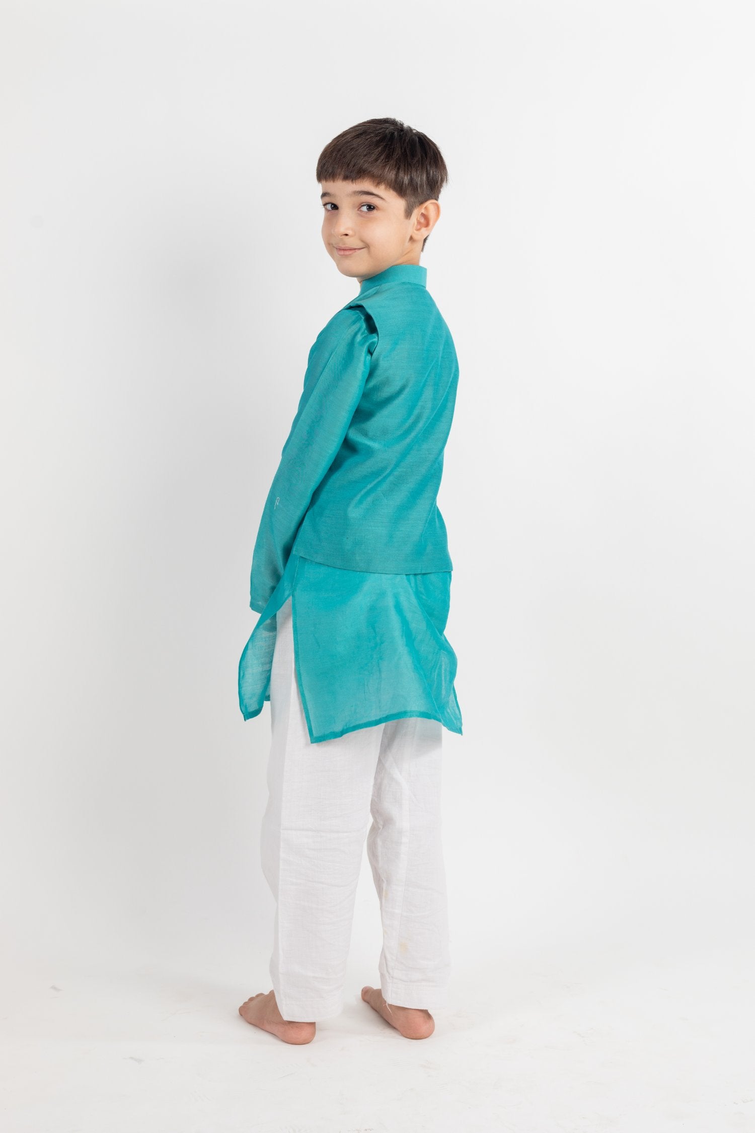 Teal Blue Embroidered Kurta -Jaclet Set -3 Pc
