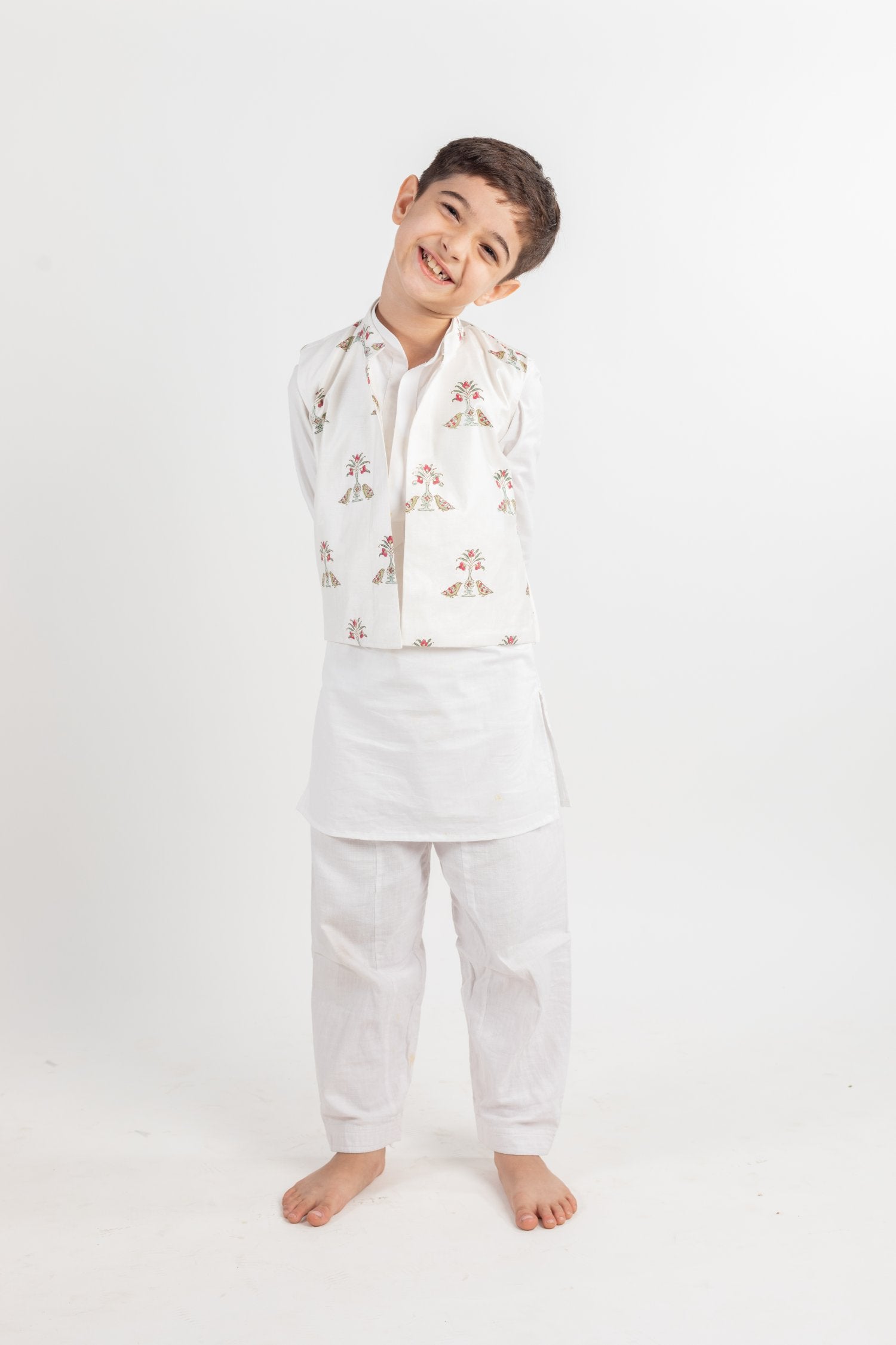 White Bird Kurta ,Jacket And Pyjama Set -3 Pc