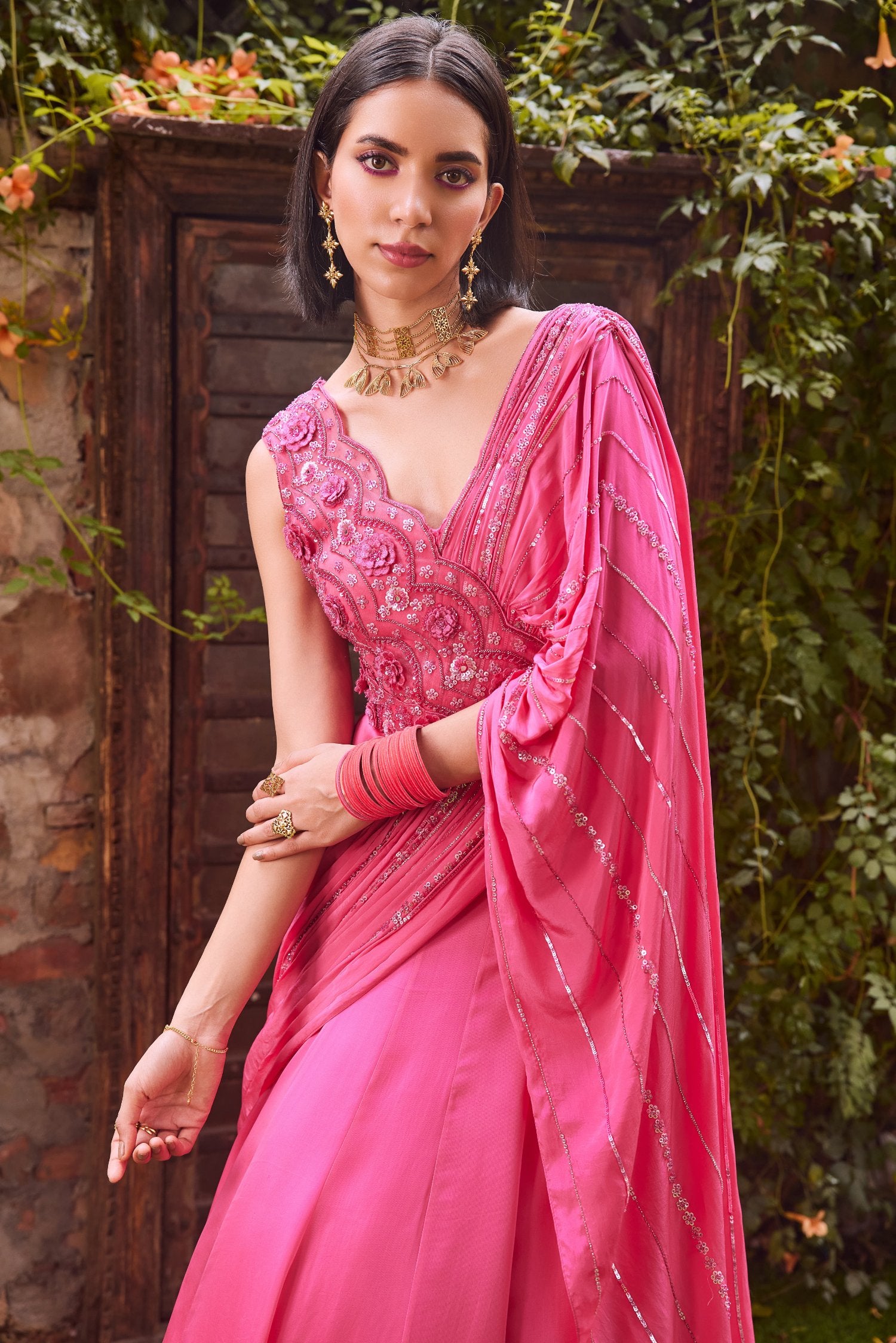 Pink saree gown hotsell