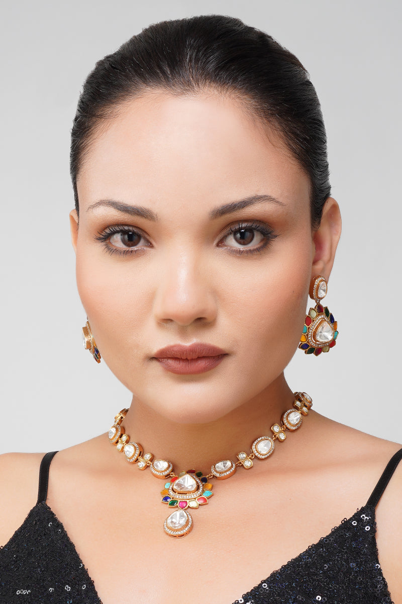 Navratna Kamal Kundan Necklace Set