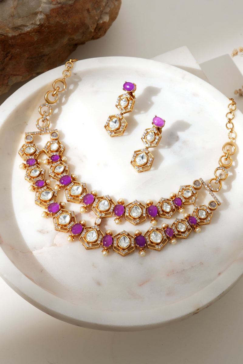 Vedhika Double Line Kundan Necklace Set