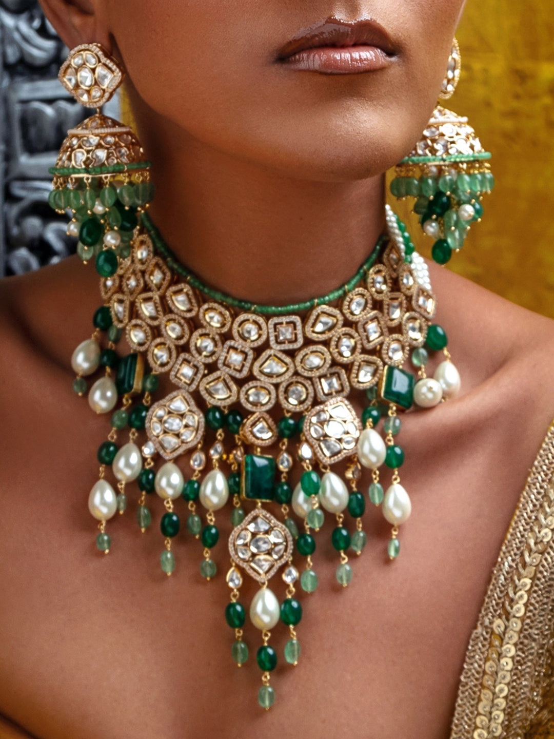 Bridal Necklace Set With Jades & Pearl Drops