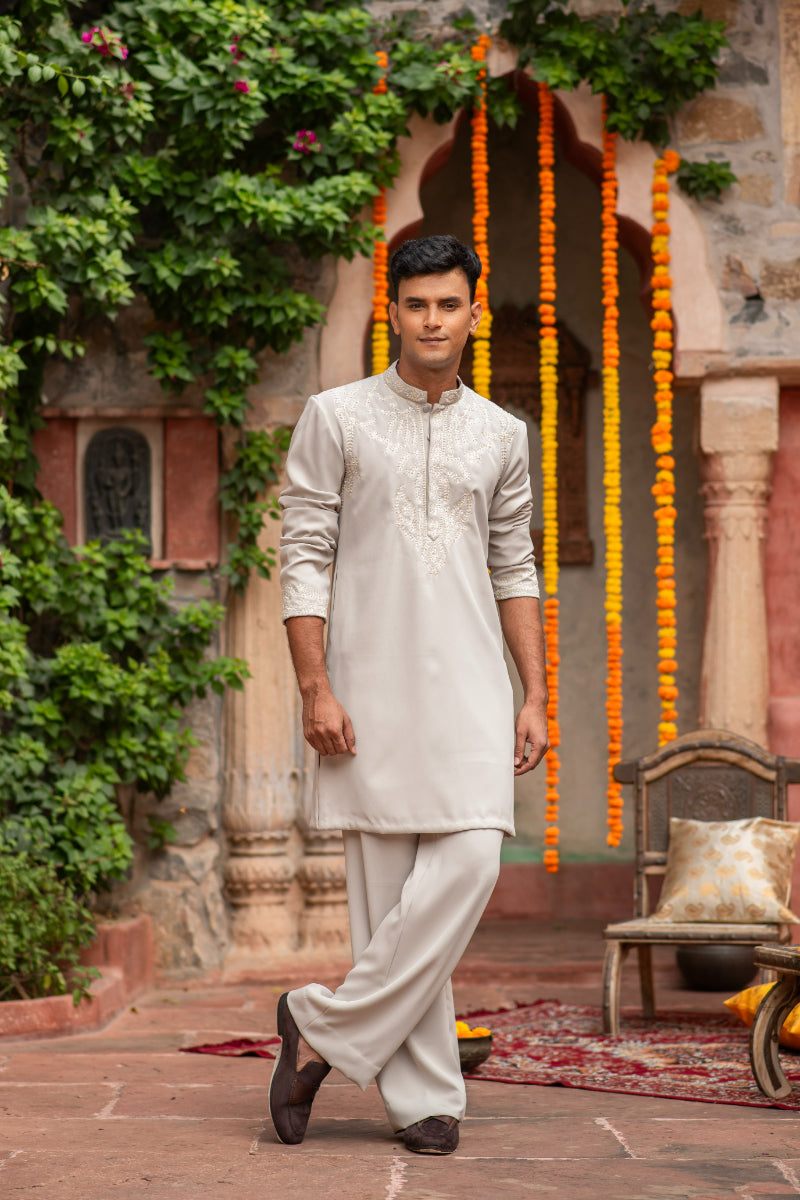 HAND EMBROIDERED TWILL CREPE KURTA PANT SET