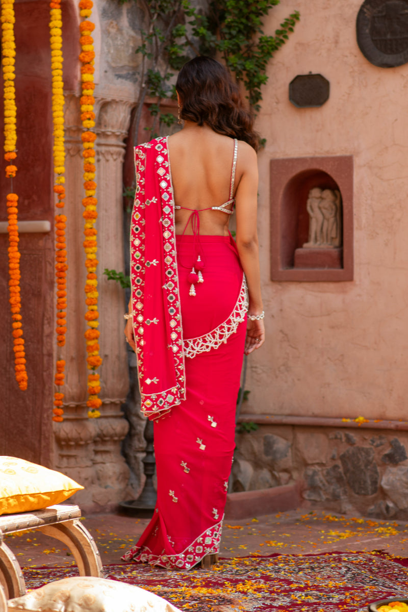 MIRROR AND PEARL EMBROIDERED SAREE SET