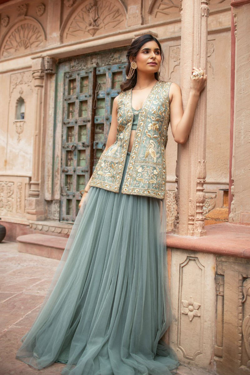 EMBROIDERED JACKET TULLE LEHENGA SET