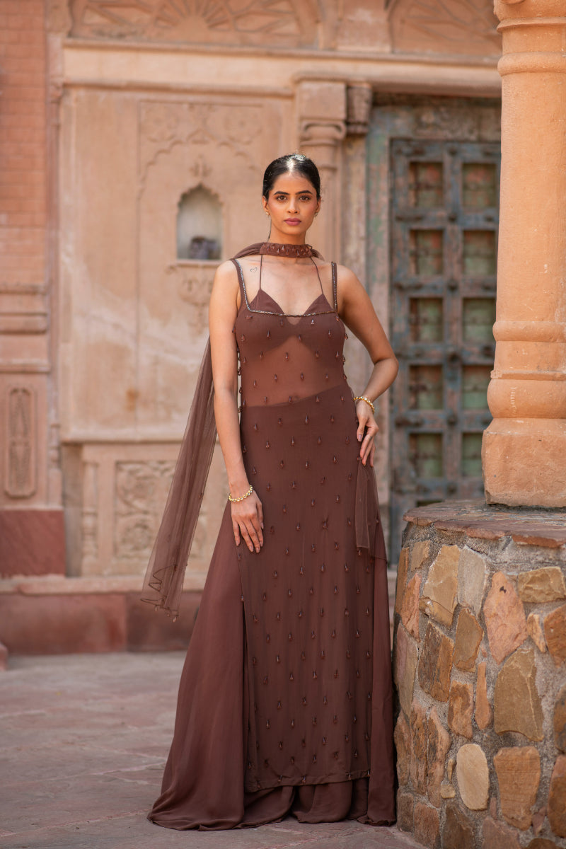 SHEER SHARARA SET WITH HANGING BEADS