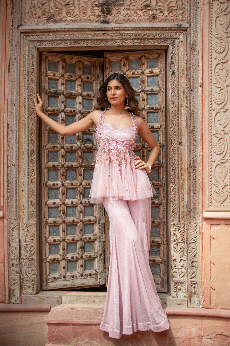 SEQUIN SHARARA SET WITH EMBROIDERED PEPLUM JACKET