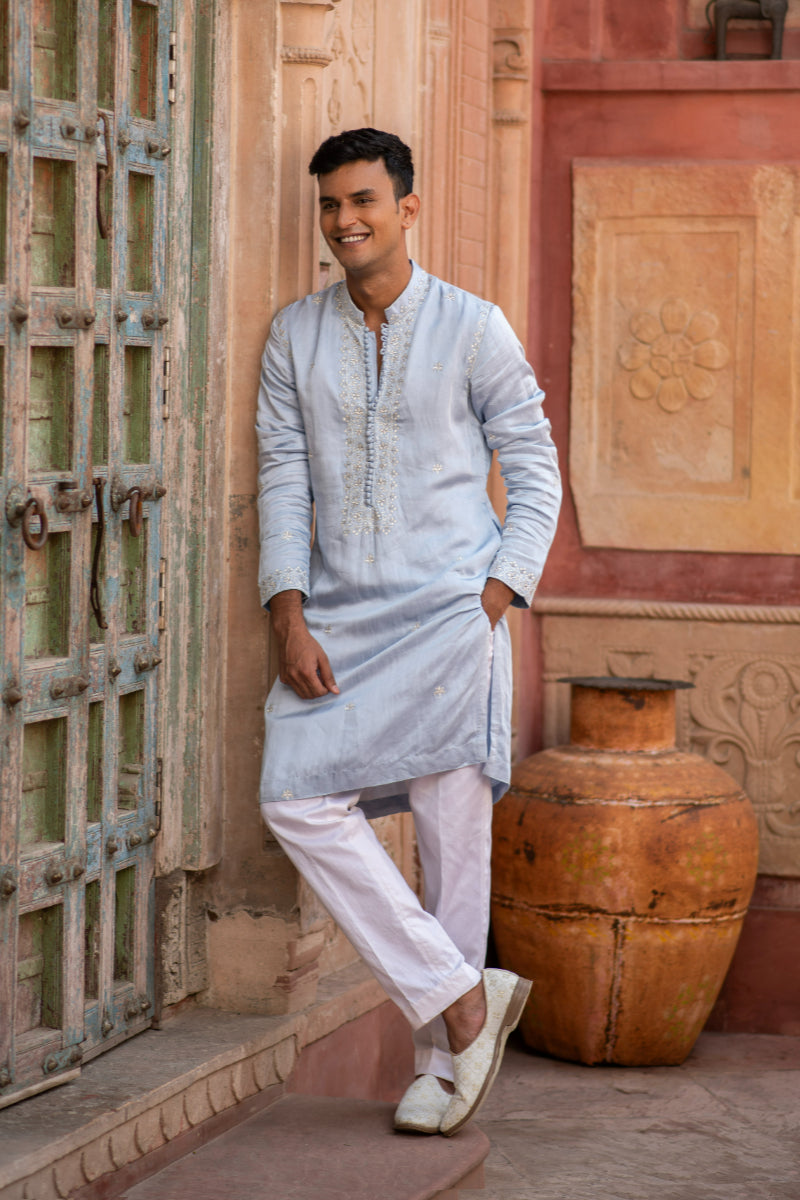 POWDER BLOUSE SATIN LINEN KURTA PANTS SET