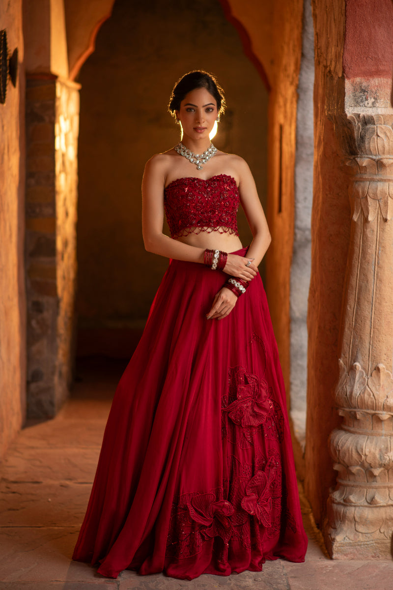 3D FLORAL DEEP RED LEHENGA