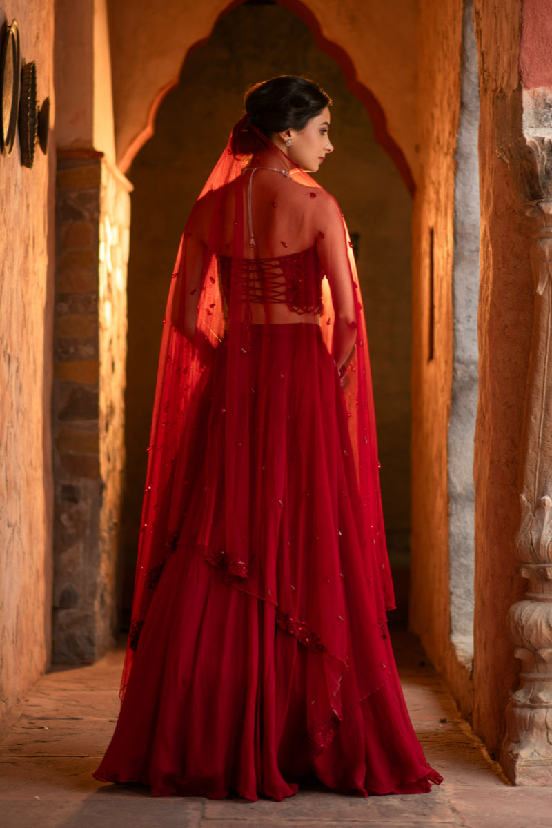 3D FLORAL DEEP RED LEHENGA