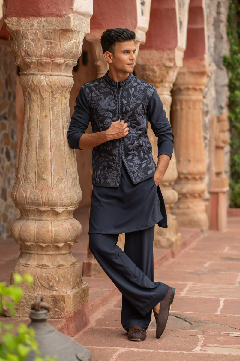 NAVY BLUE JACKET KURTA PANTS SET