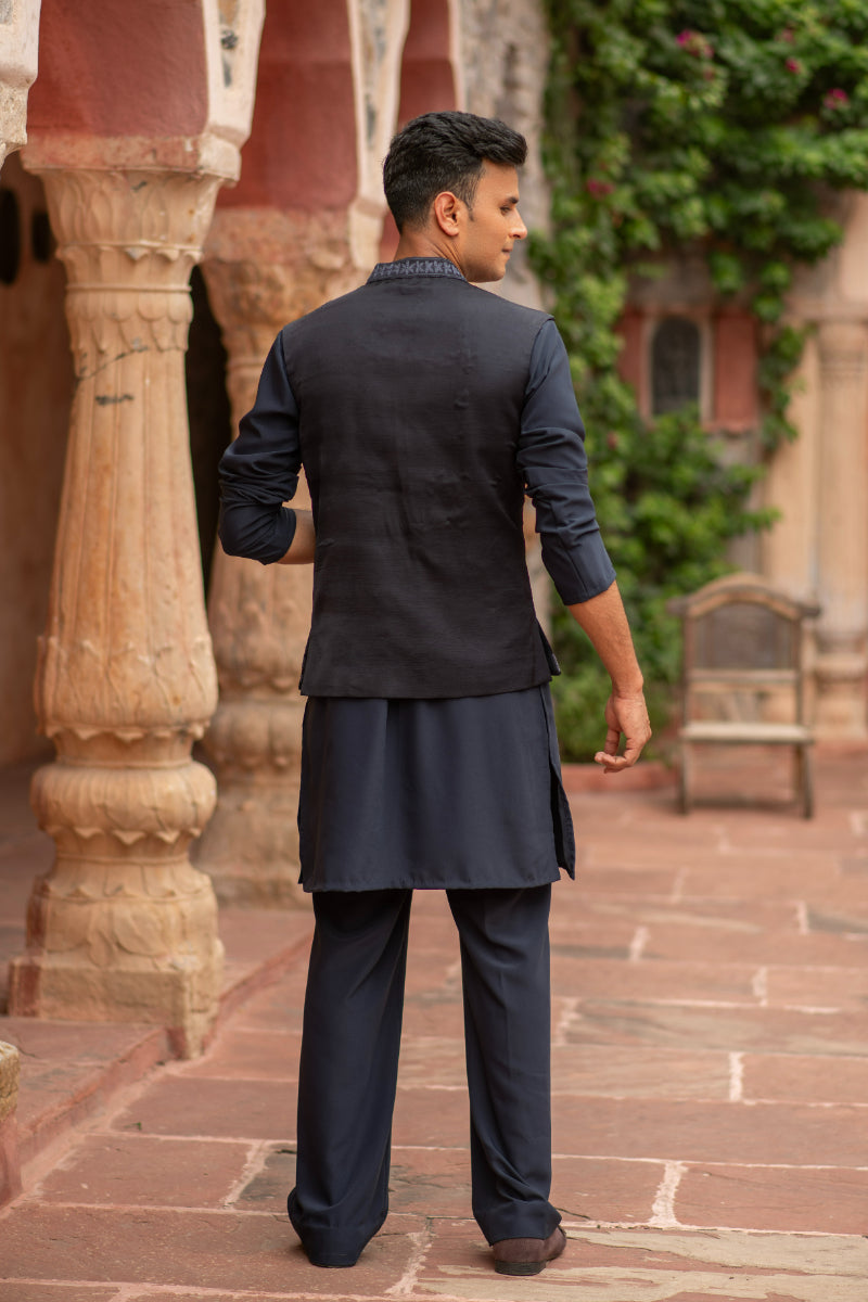 NAVY BLUE JACKET KURTA PANTS SET