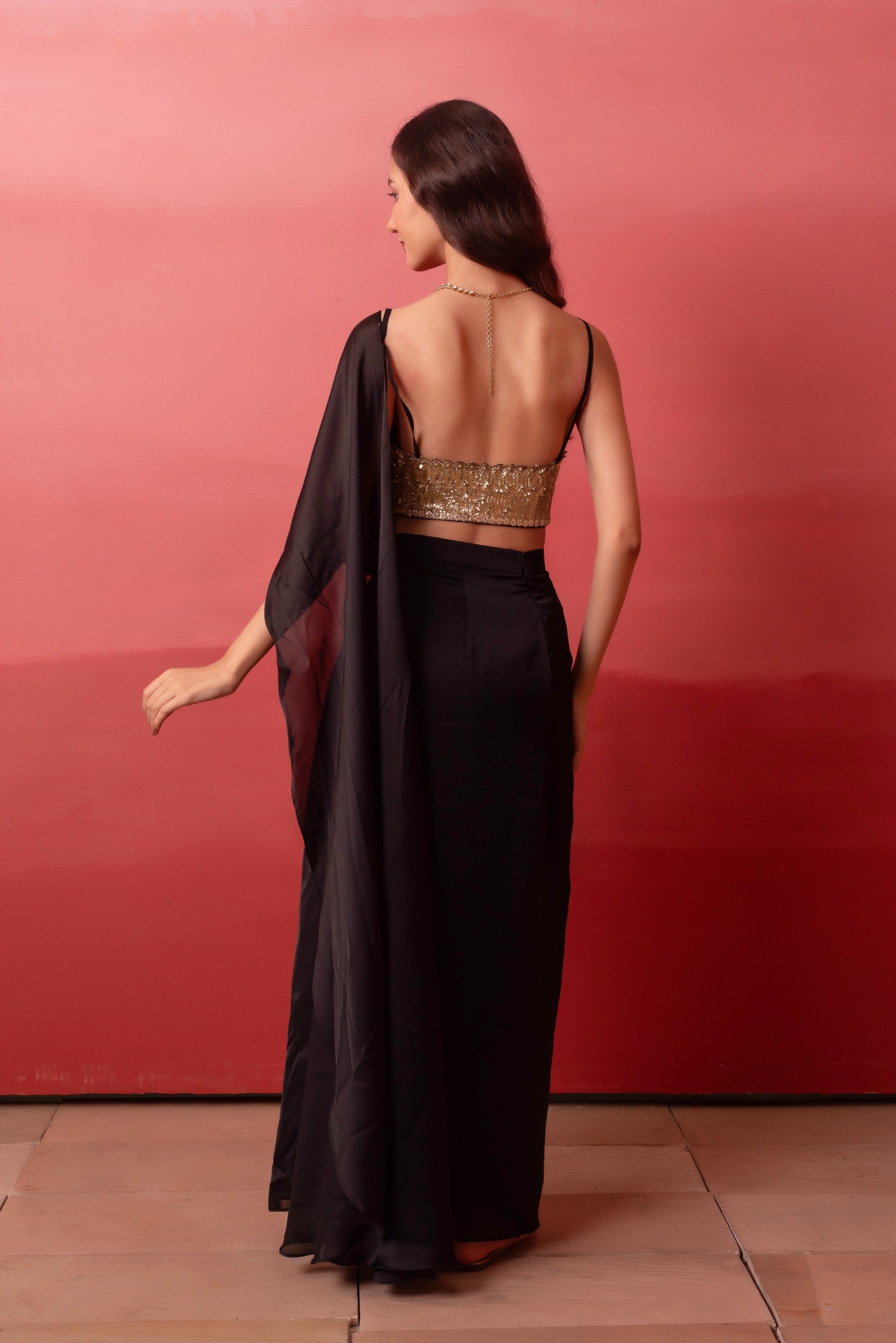 Pre-Drape Slit Saree With Sequin Handwork Blouse