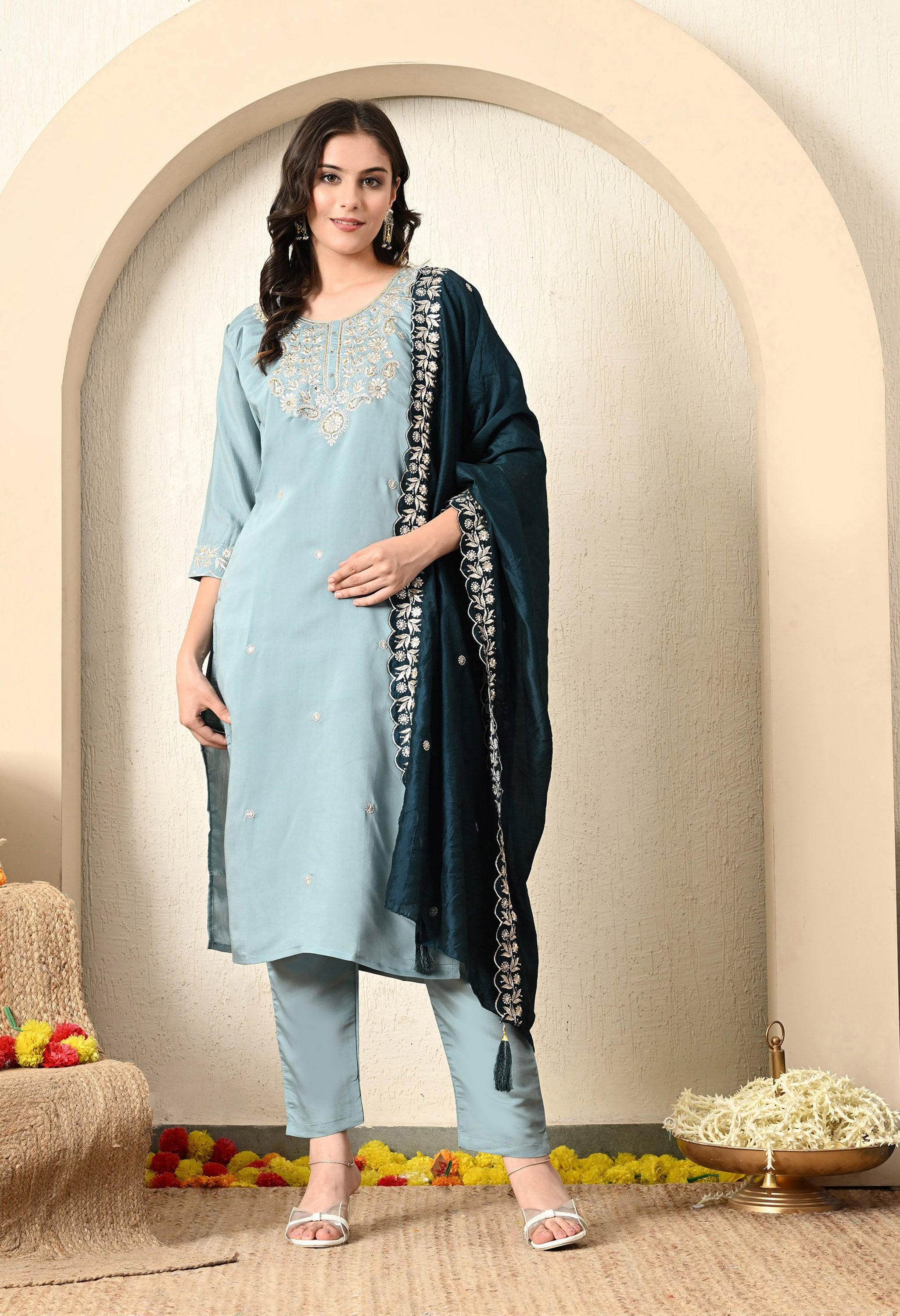 Grey Blue Zardozi Kurta Set