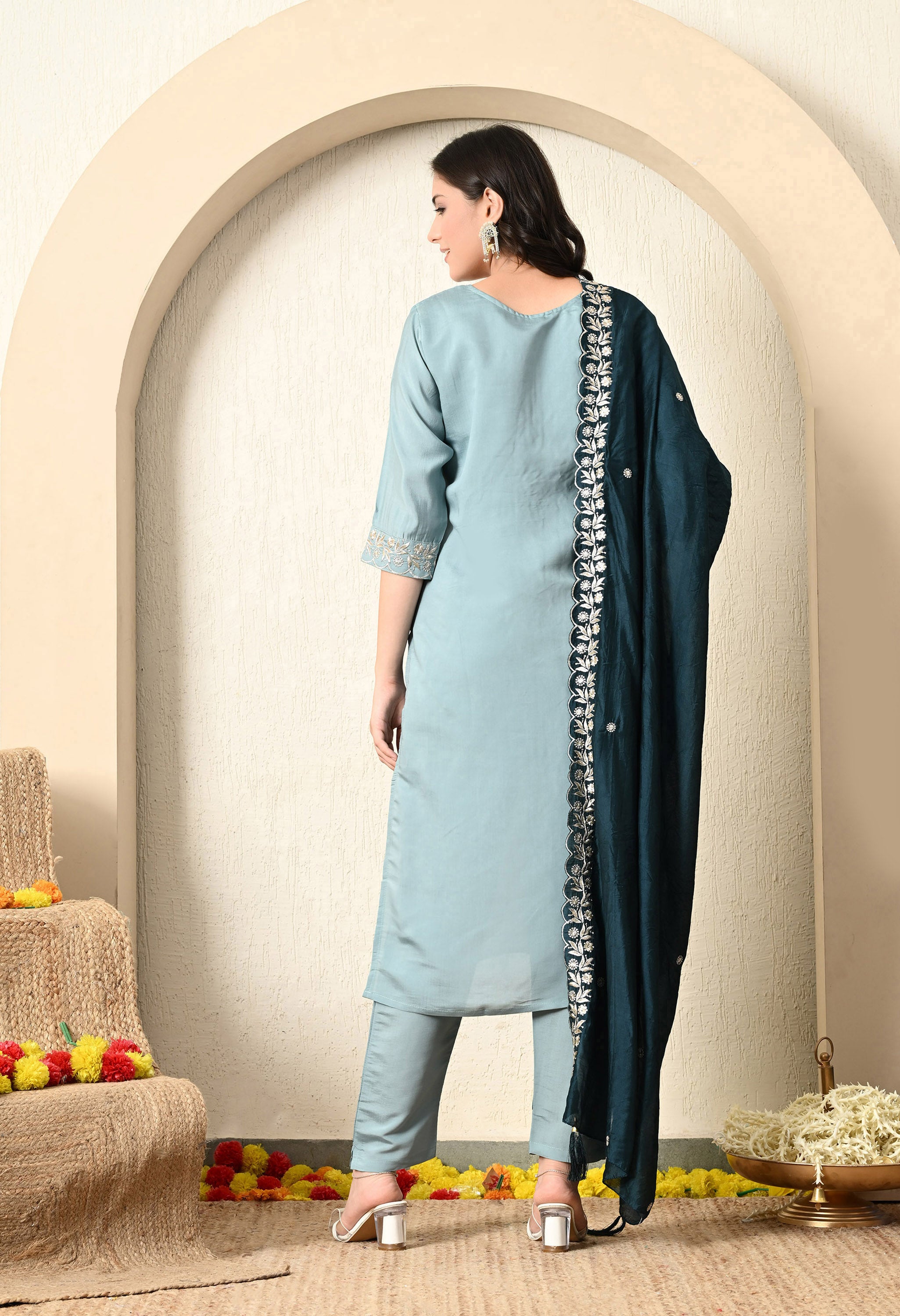 Grey Blue Zardozi Kurta Set