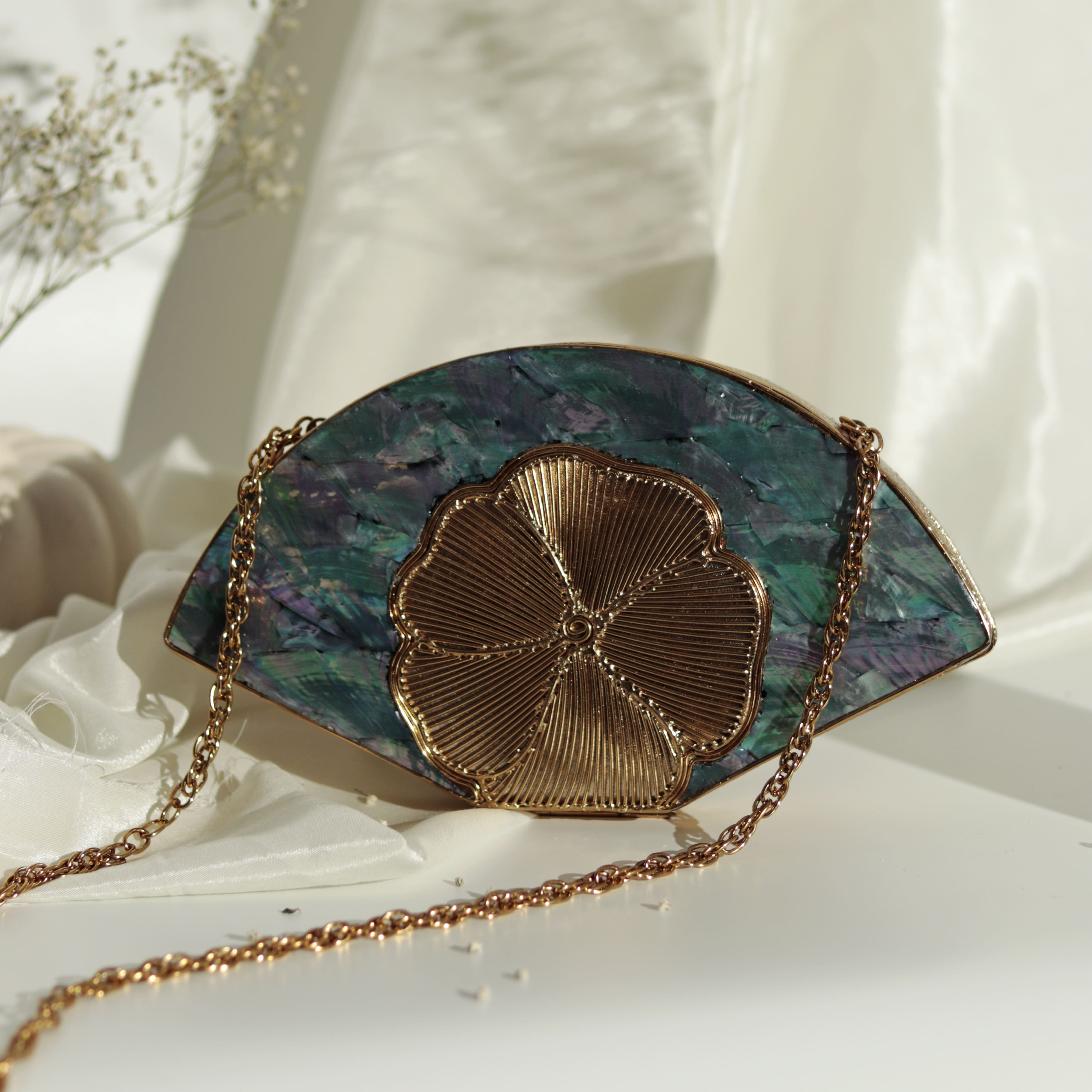 THE TAN CLAN Bahaar Brass Wirework Mother of Pearl Clutch
