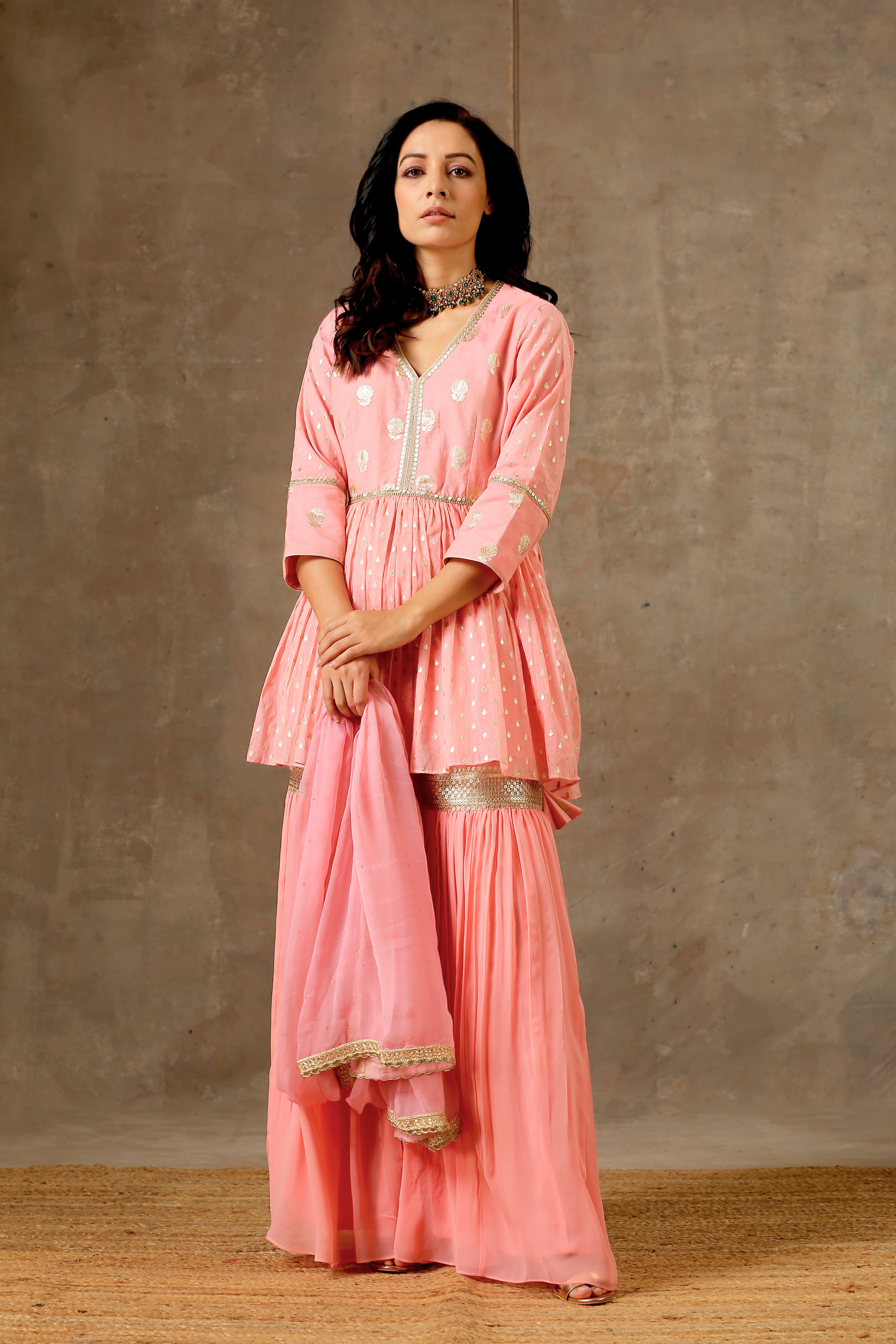 Peach Color Peplum Style Sharara Set