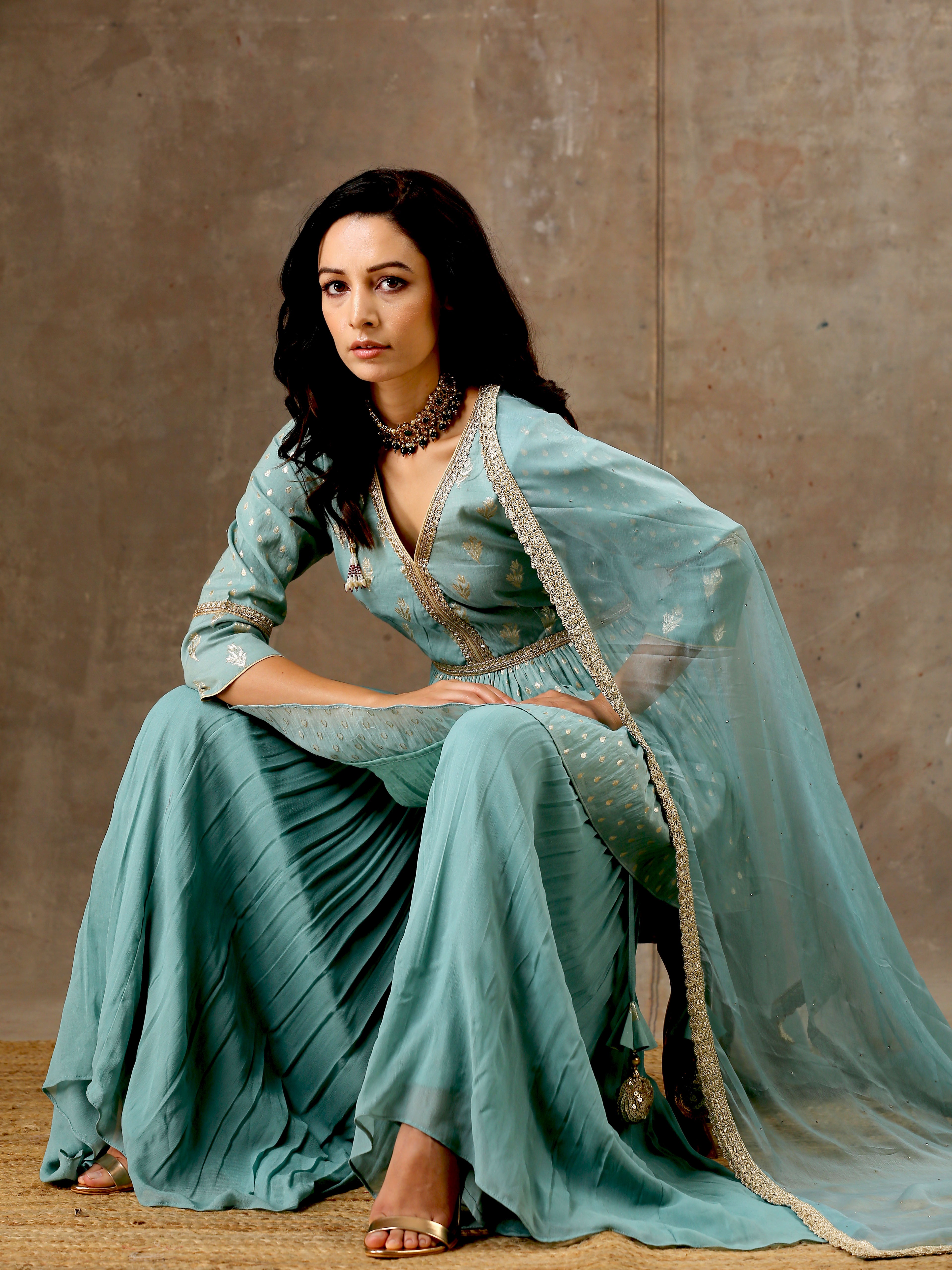 Aqua Blue Peplum Style Sharara Set