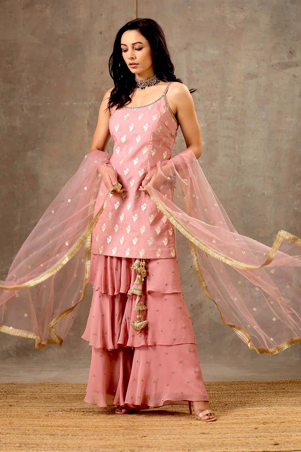 Pink Color Banarsi Embroidered Layered Sharara Set