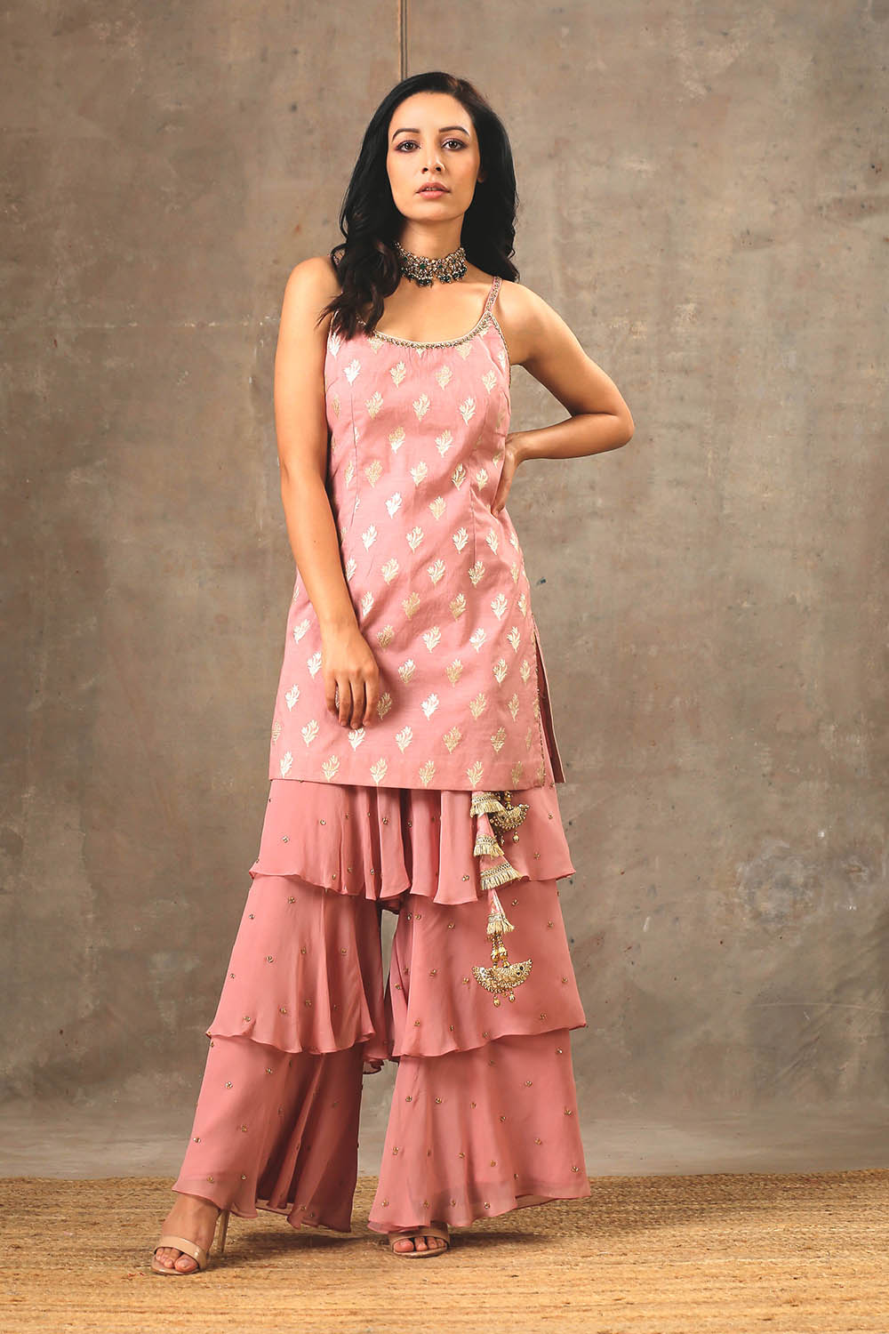 Pink Color Banarsi Embroidered Layered Sharara Set