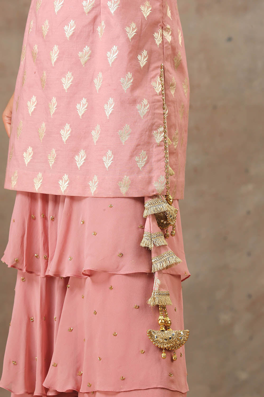 Pink Color Banarsi Embroidered Layered Sharara Set