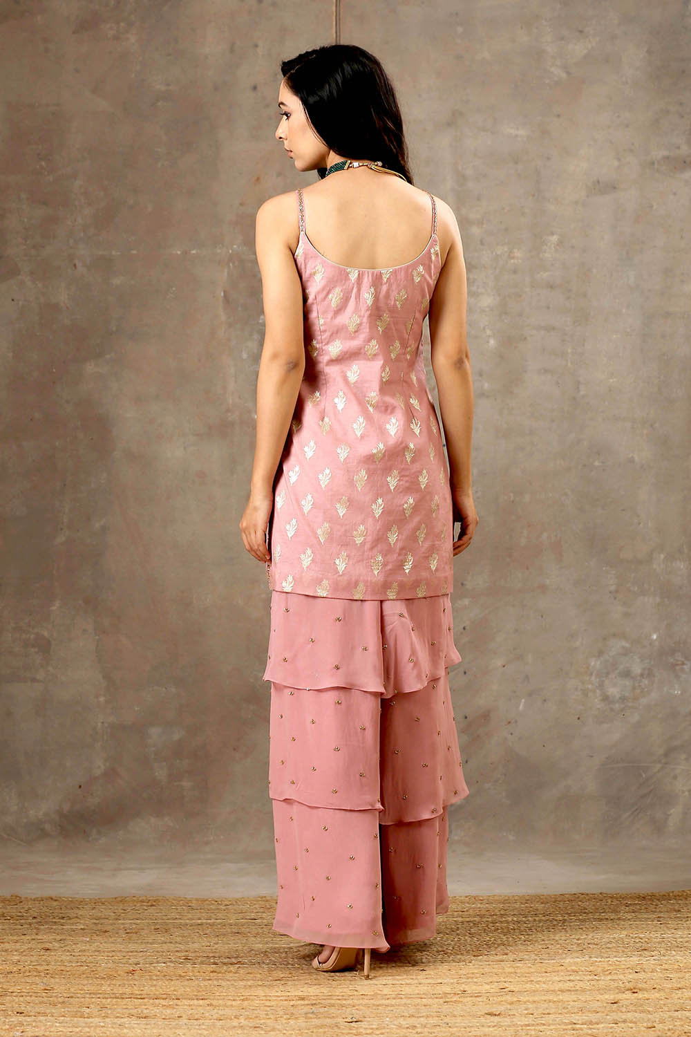 Pink Color Banarsi Embroidered Layered Sharara Set