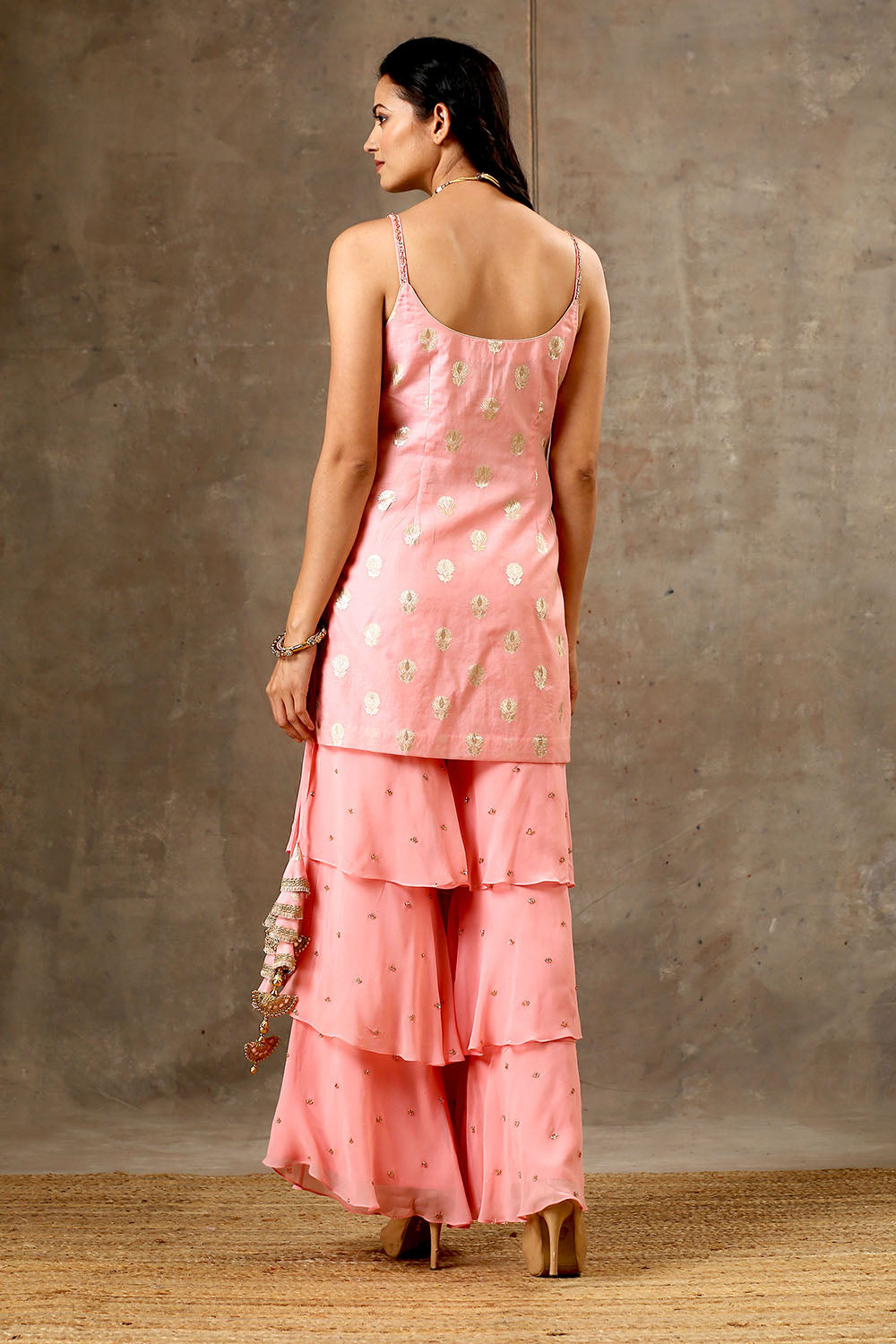 Peach Color Banarsi Embroidered Layered Sharara Set