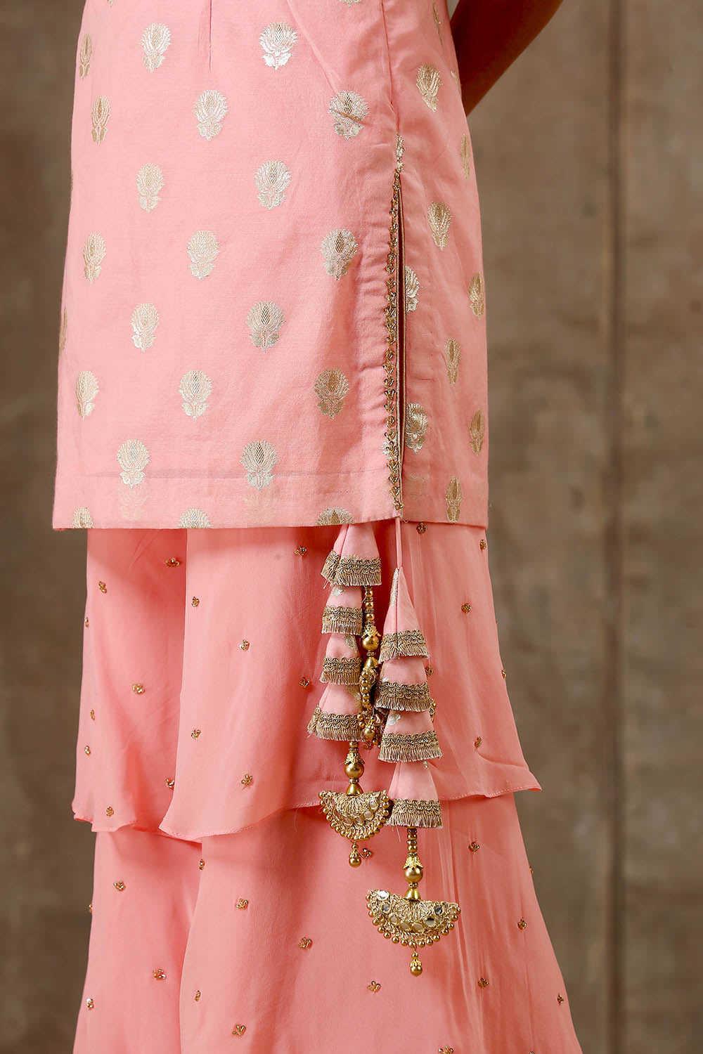 Peach Color Banarsi Embroidered Layered Sharara Set